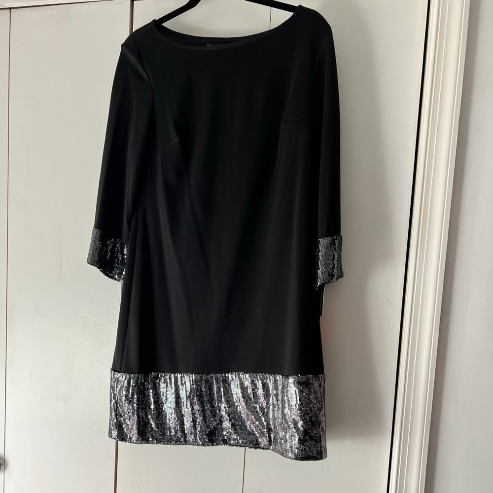 NWT! R&K Black Dress with Silver Sequin Hem and Cuffs - Size 8